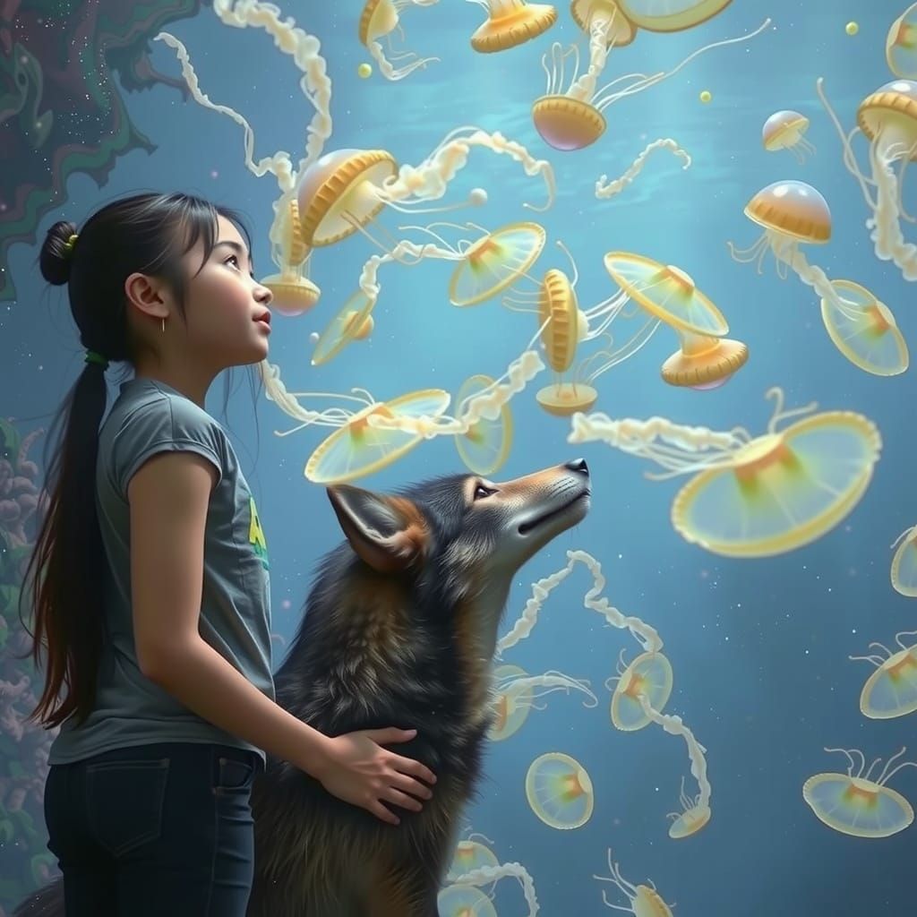 Girl and Wolf Watch Jellyfish: Hyperrealistic Splash Art