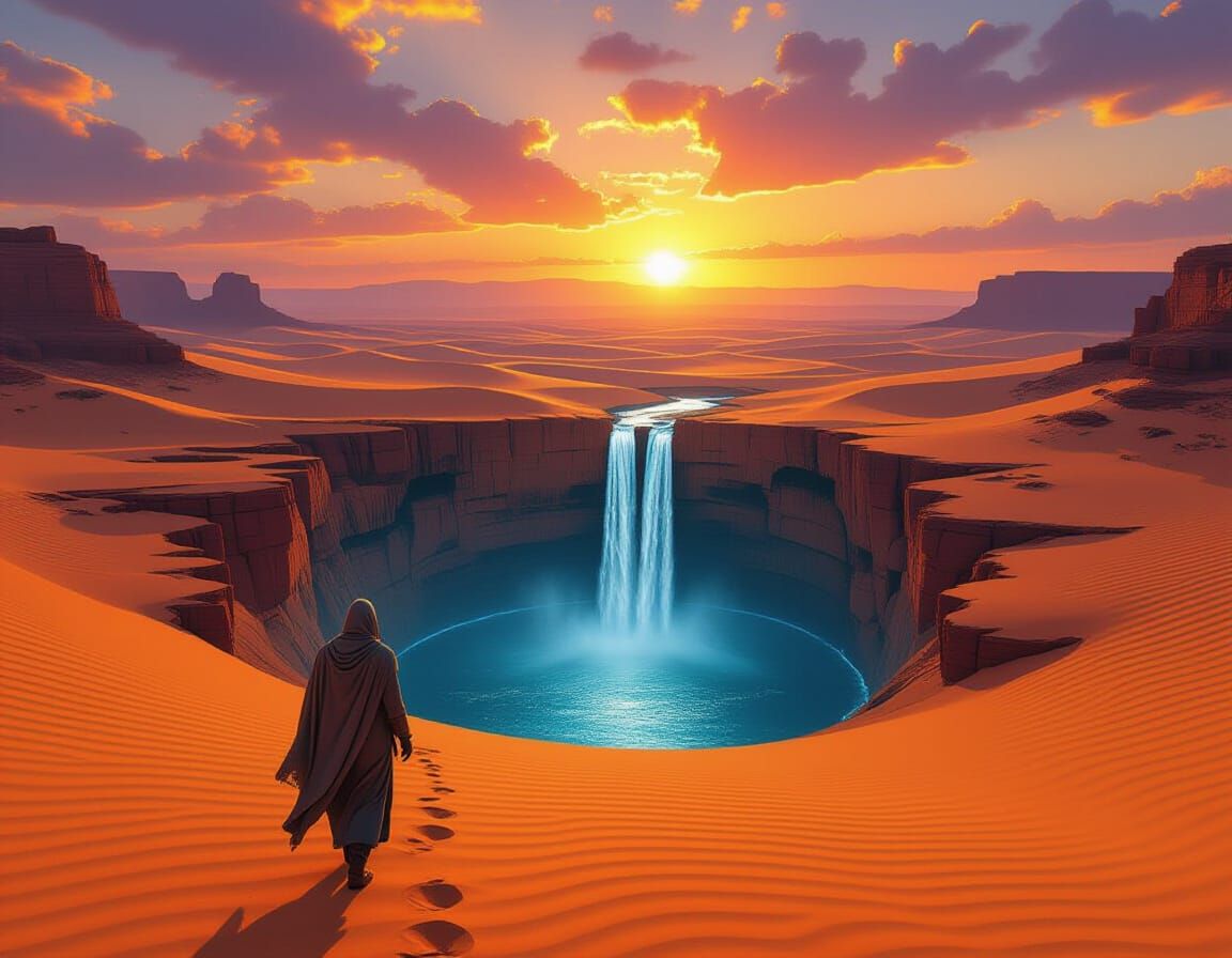 Surreal Desert Oasis at Sunset in Fantasy Style