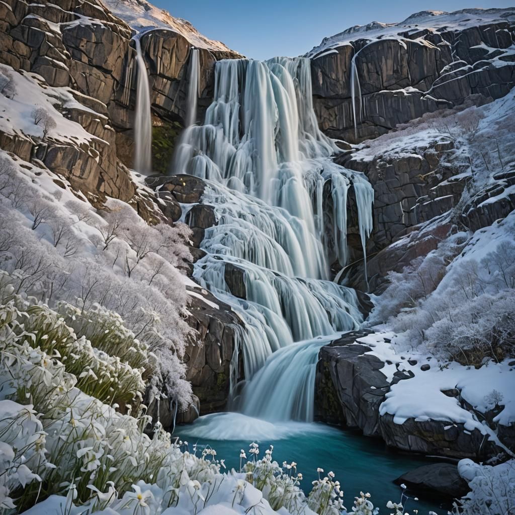 Frozen Waterfall in Norway Under Aurora Borealis