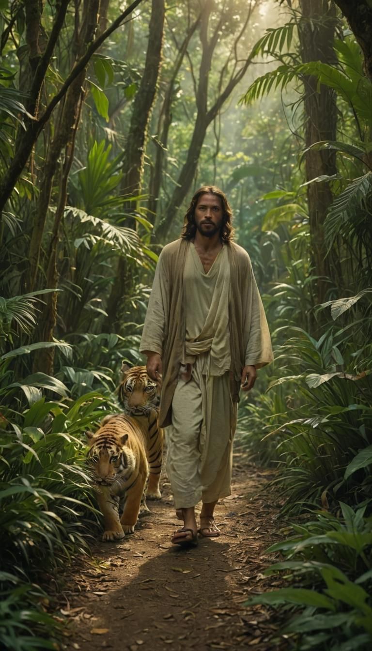 Jesus and Tiger in Jungle, Cinematic Film Still