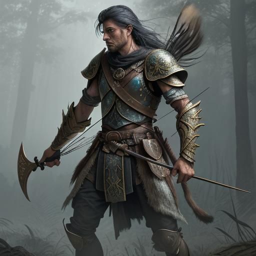 Mystical Warrior with Compound Bow in Fantasy Forest