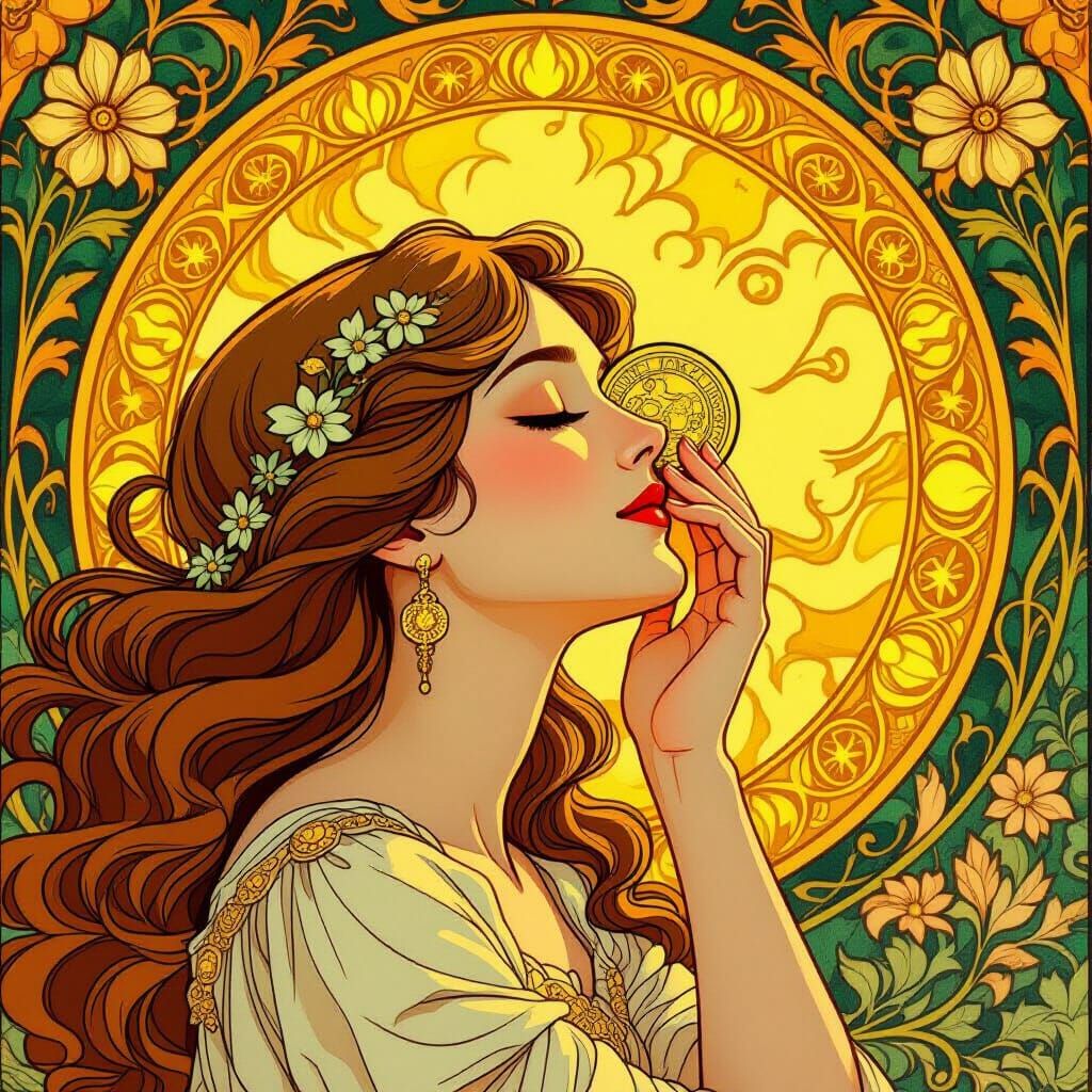 Art Nouveau Woman Bathed in Golden Sun's Kiss