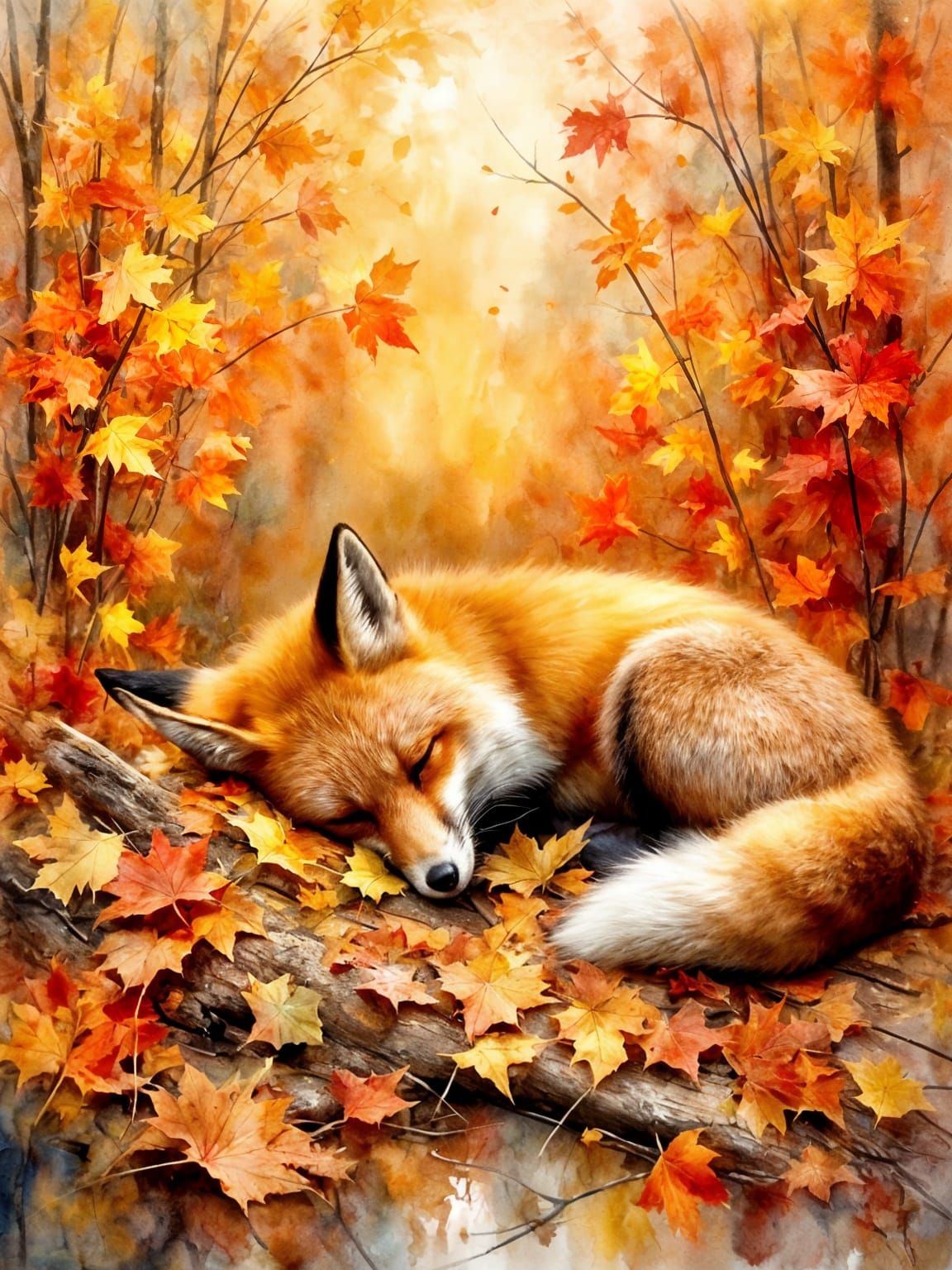 Red Fox Sleeping in Autumn Leaves Watercolor Painting