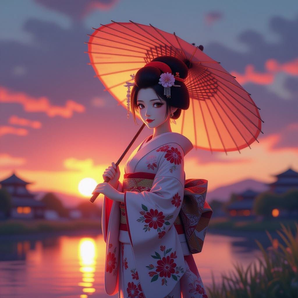 Geisha with Parasol at Sunset in Anime Style