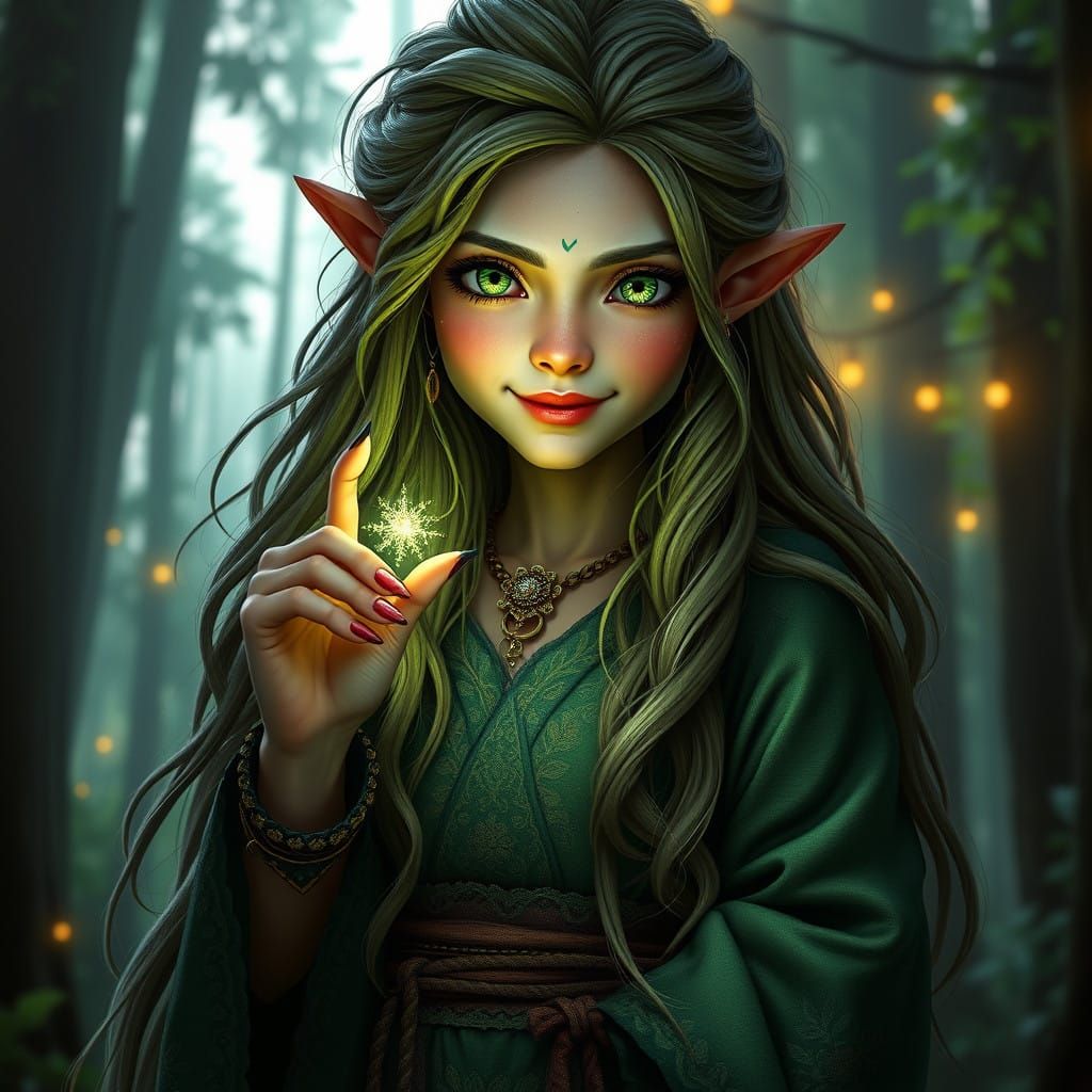 Ethereal Forest Sorceress with Wild Hair and Glowing Magic