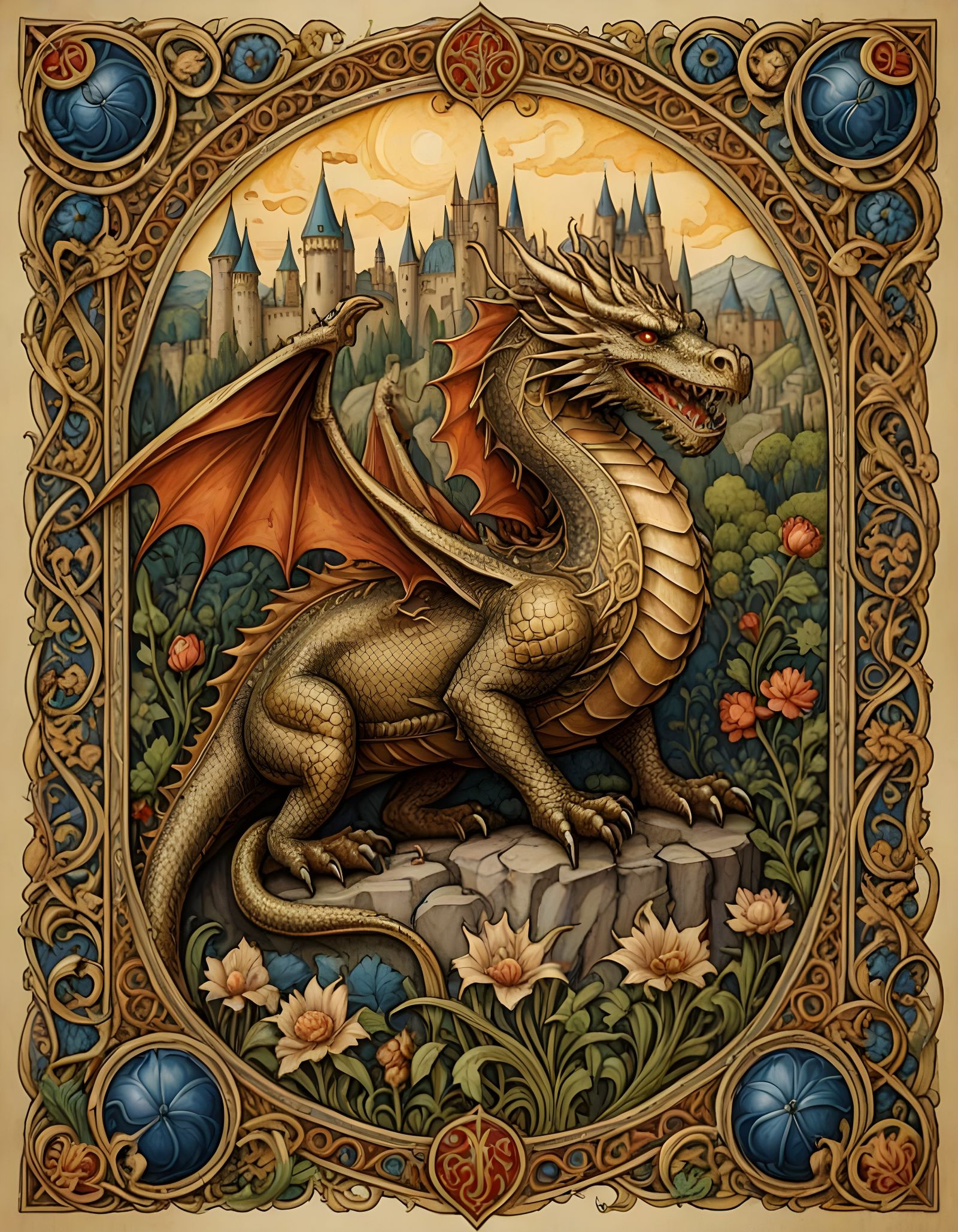 Dragon in Whimsical Medieval Scene