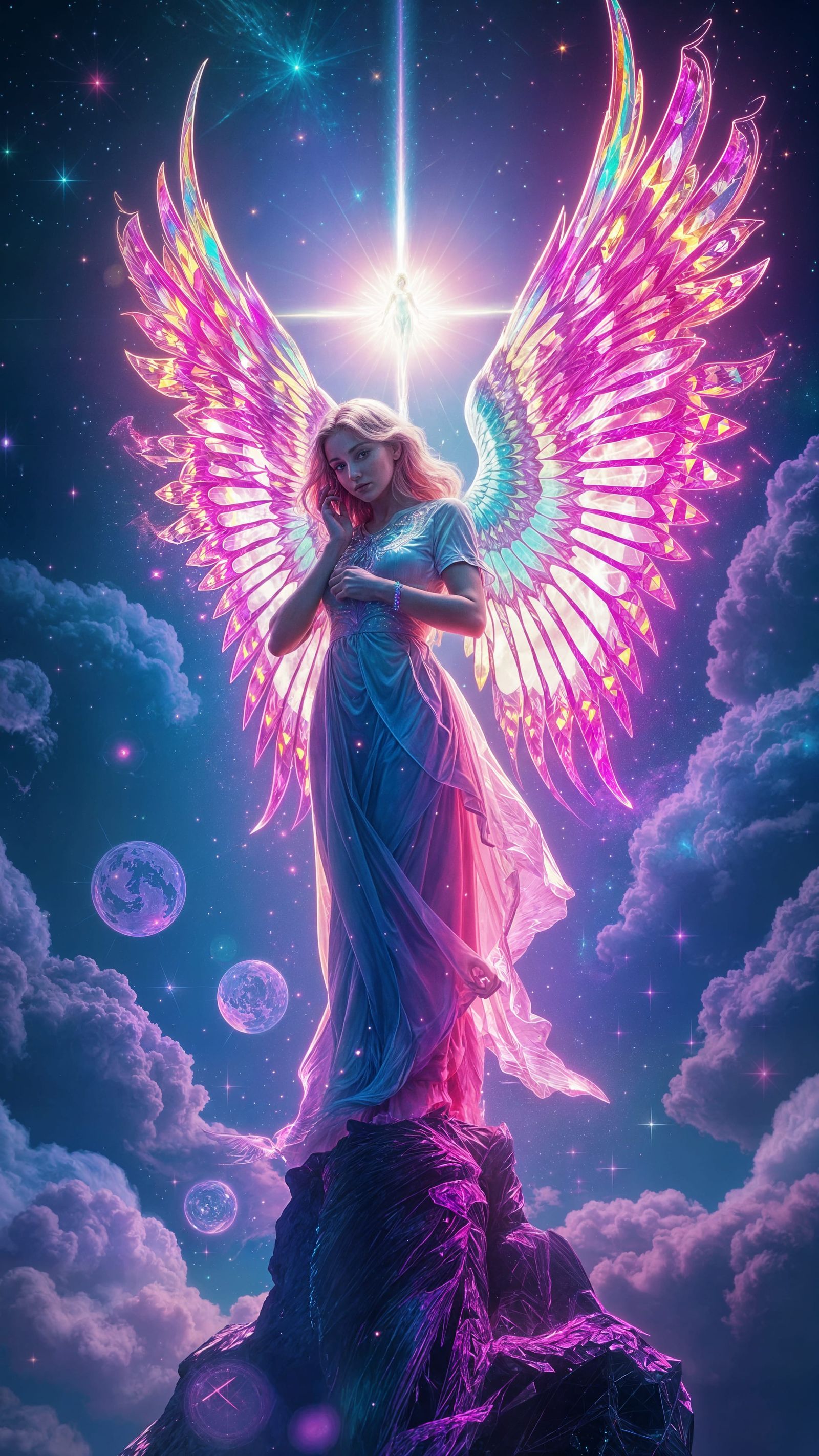 A luminescent seraph stands ethereally between realms, digital artifacts fragmenting their iridescent wings. Glitch art ...