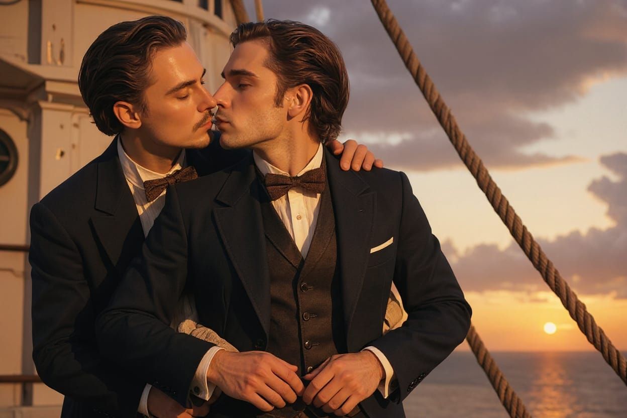 Elegant Men in Period Suits on Ship