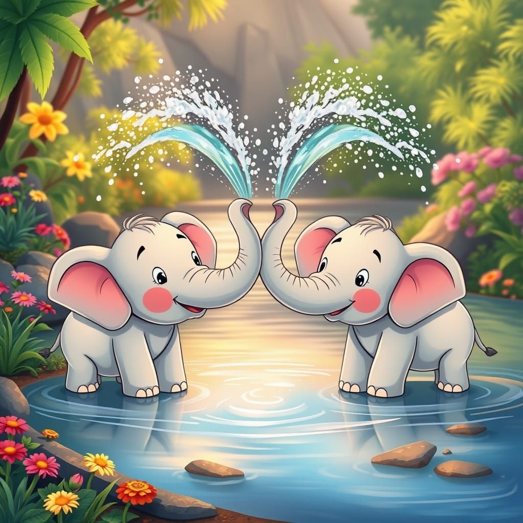 Majestic Cartoon Elephants Create Heart-Shaped Splash in Whi...