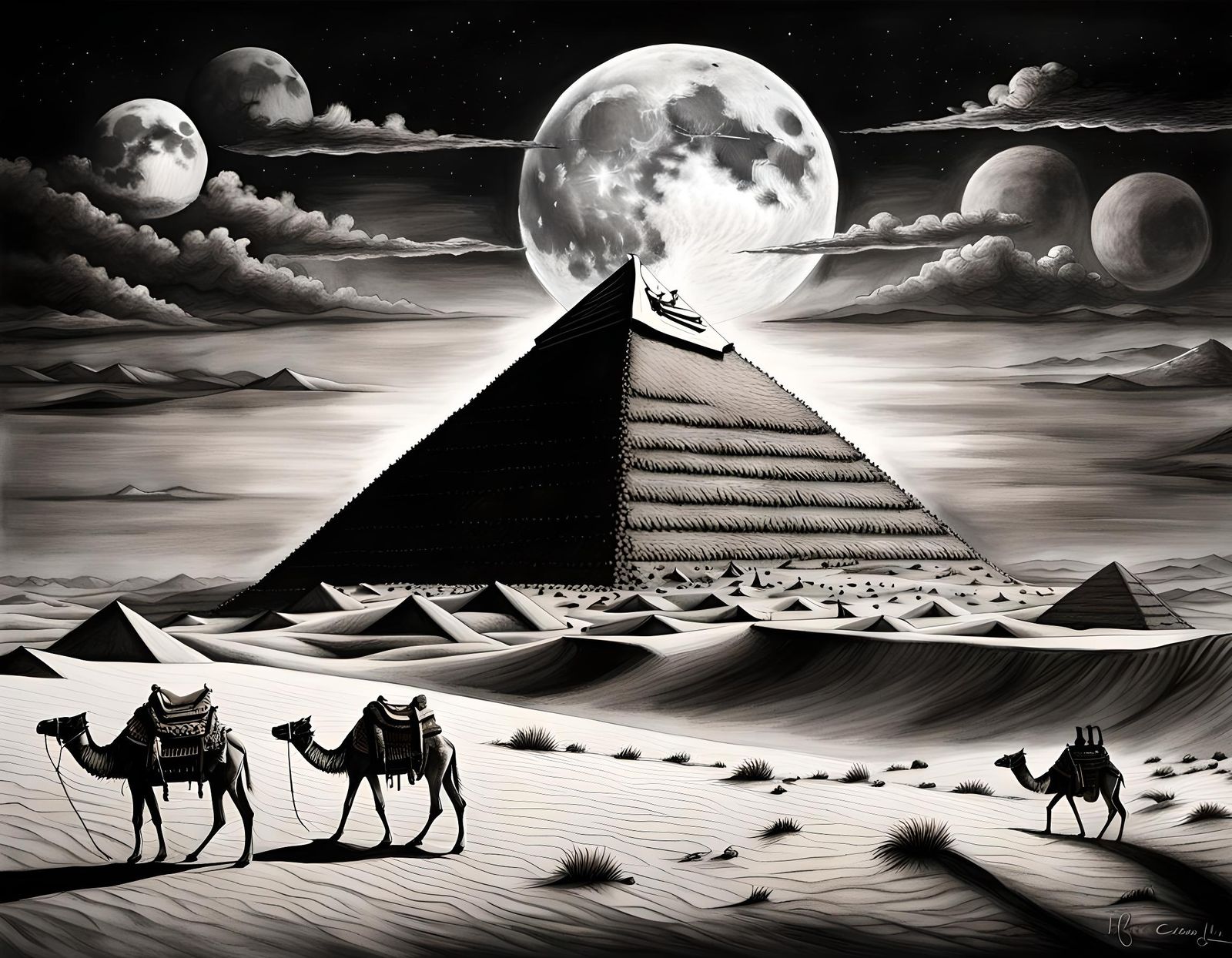 Great Pyramid with Bedouin Camps, Charcoal Drawing