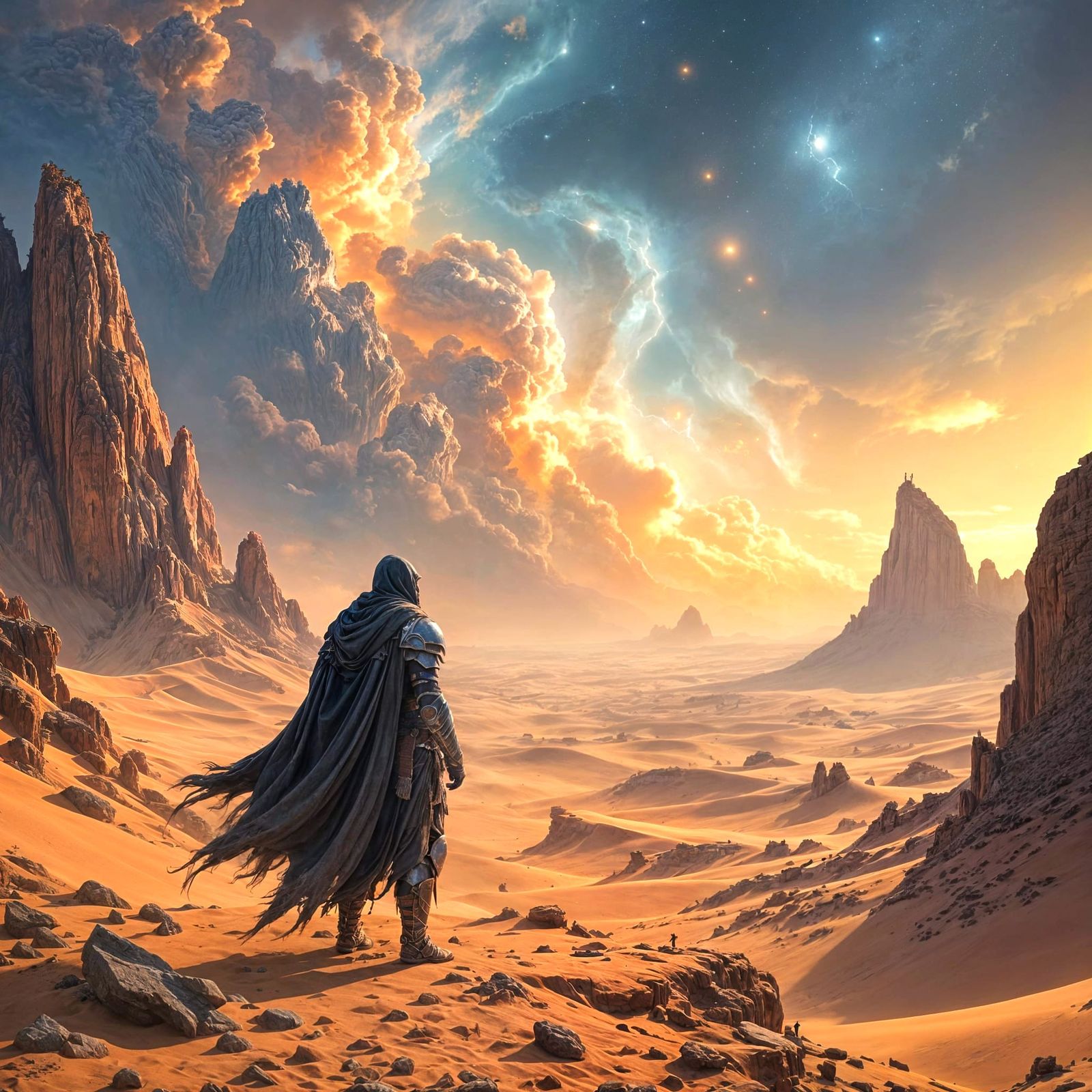 Warrior on Precipice Overlooking Alien Desert