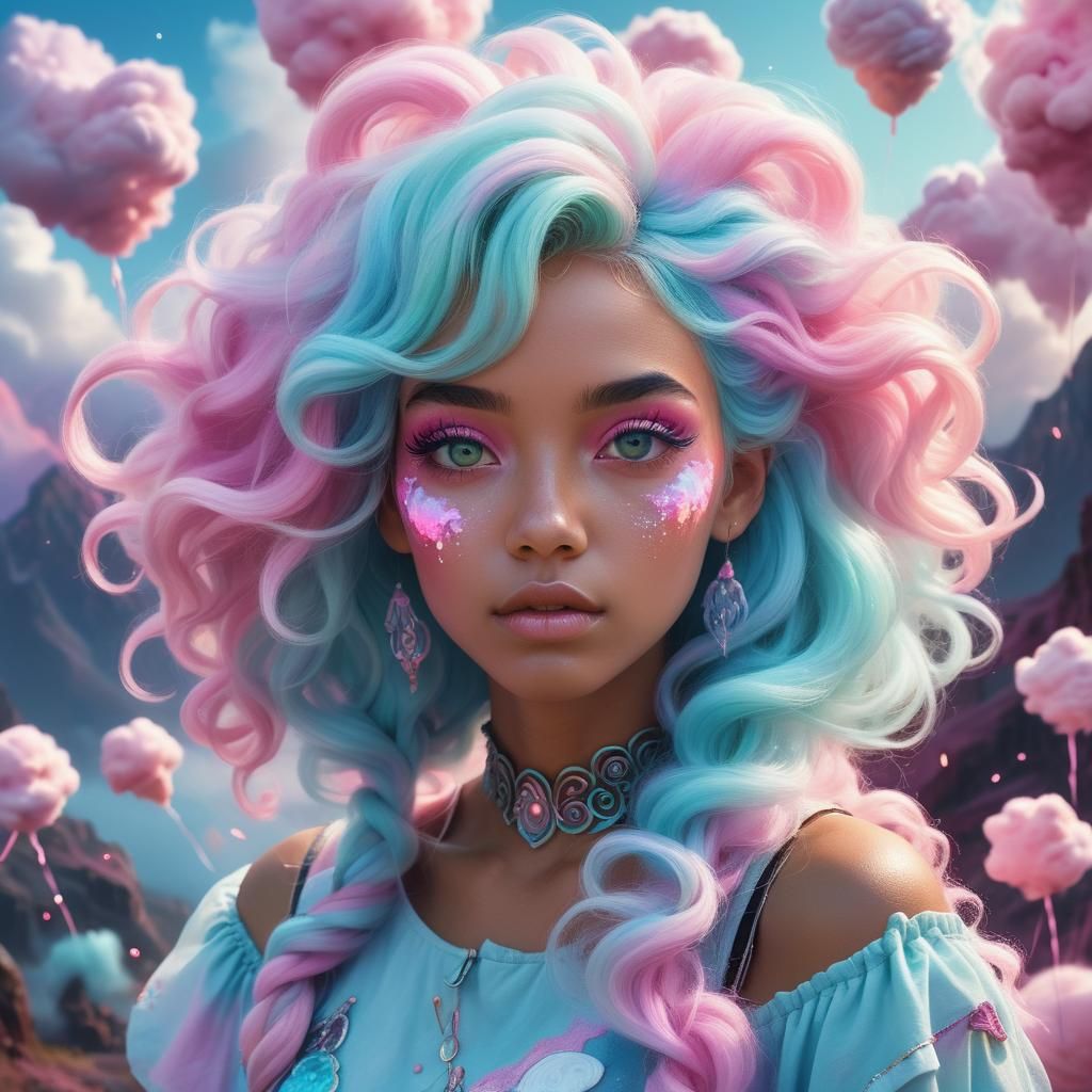 Girl with Cotton Candy Hair in Whimsical Landscape