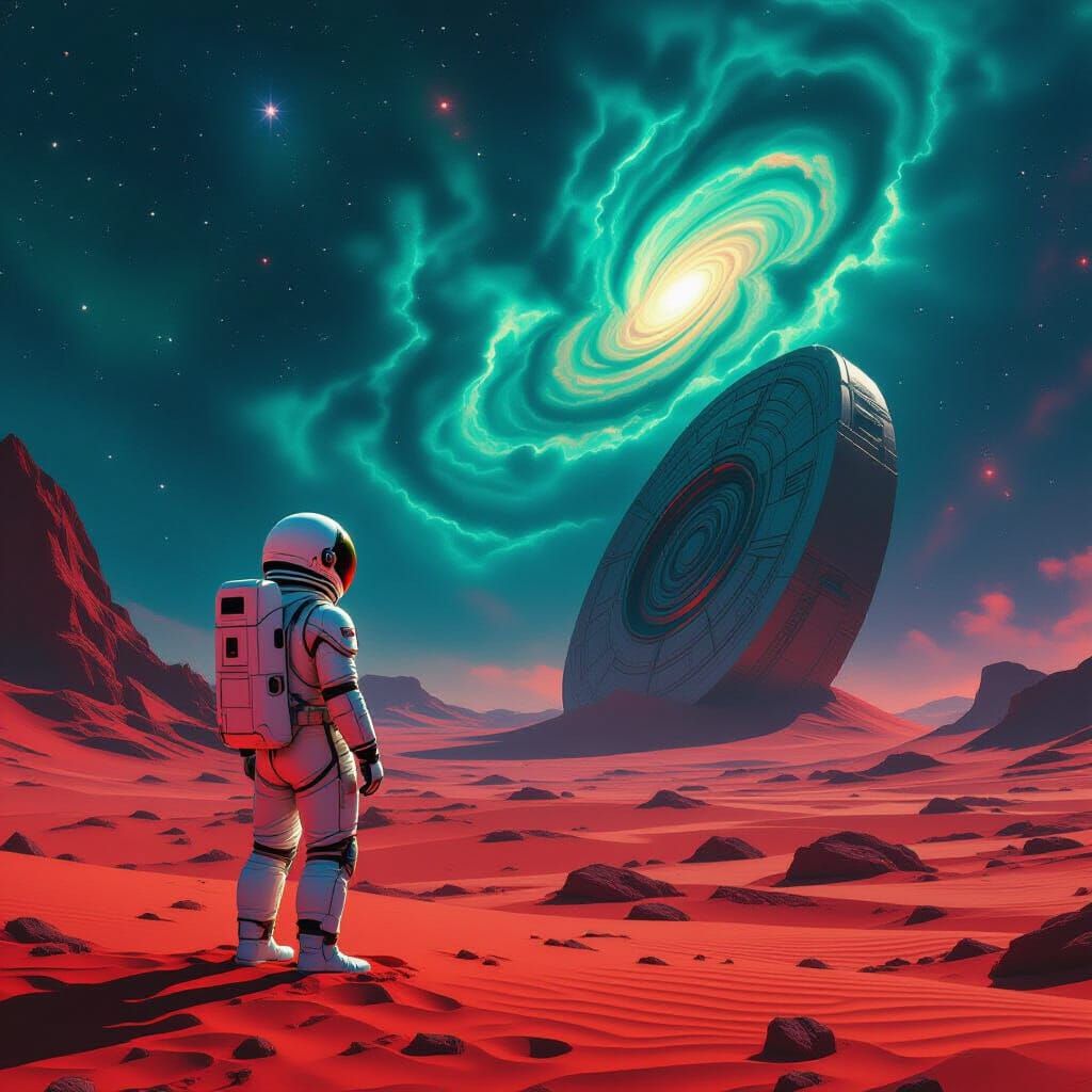 Astronaut Explores Ancient Alien Artifact on Desert Planet