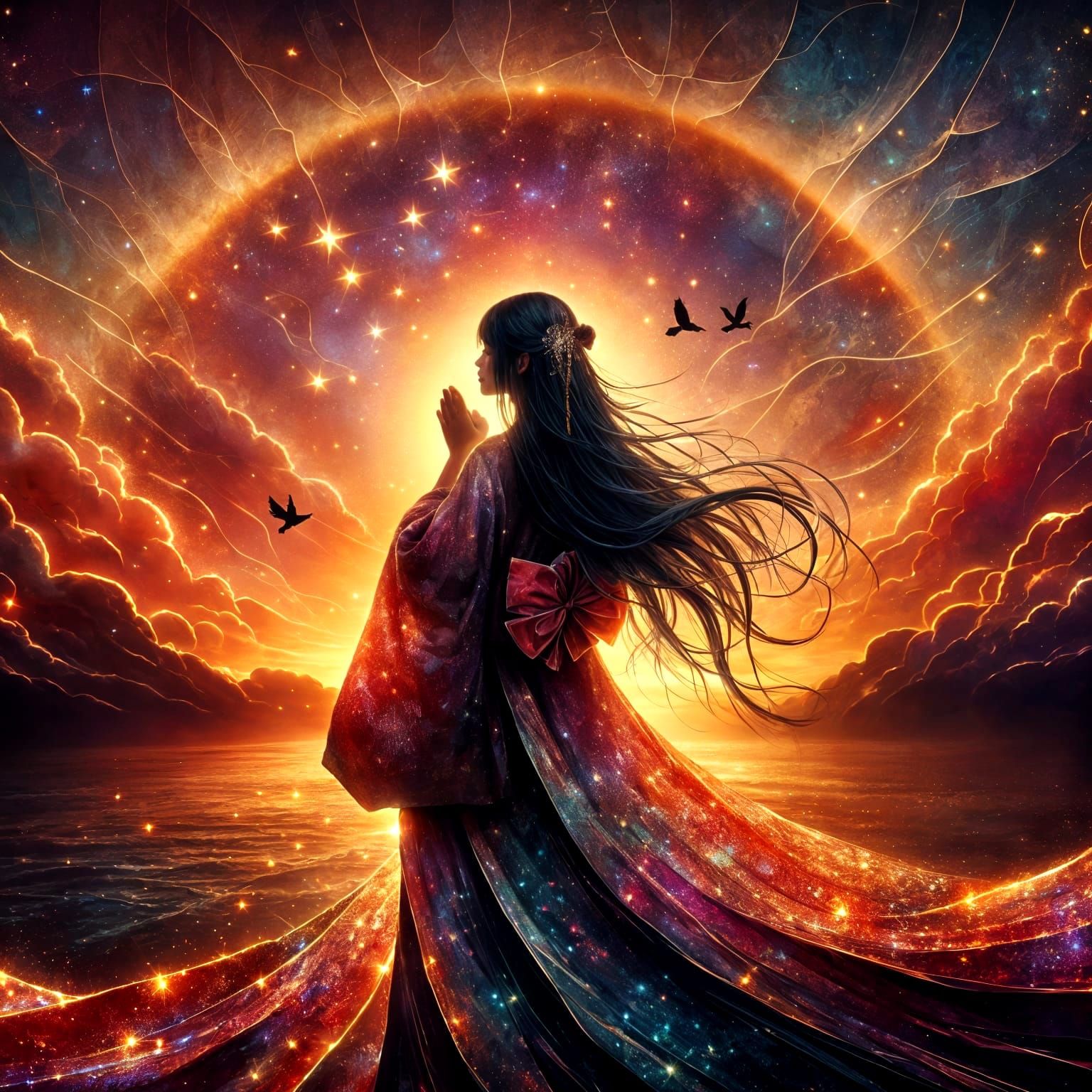 Ethereal Girl Praying at Sunset: Digital Painting