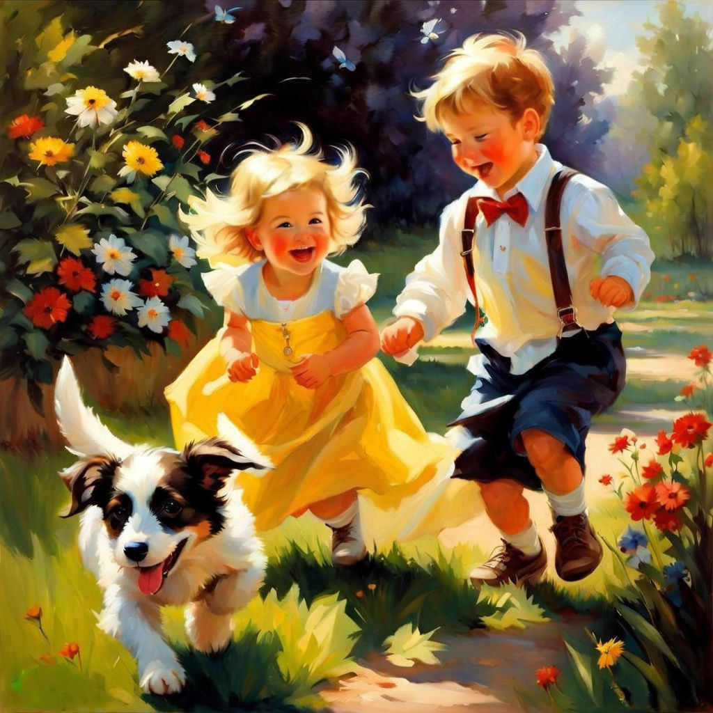 Joyful Children Play Fetch with Puppy in Oil Painting Style