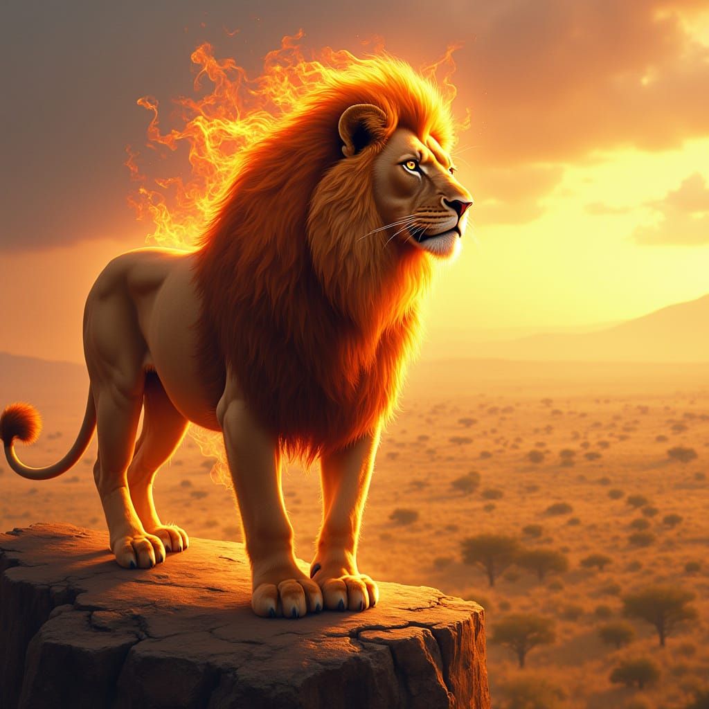 Majestic Lion with Fiery Mane on Cliff Overlooking Savannah