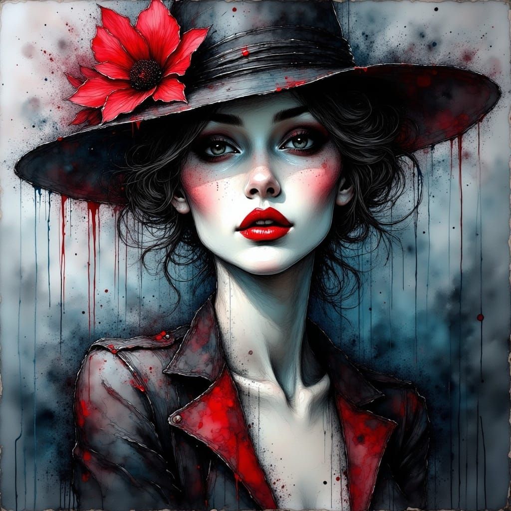 Abstract portrait of a beautiful woman with a hat, monotone in grey and red  backdrop in grey and blue impasto