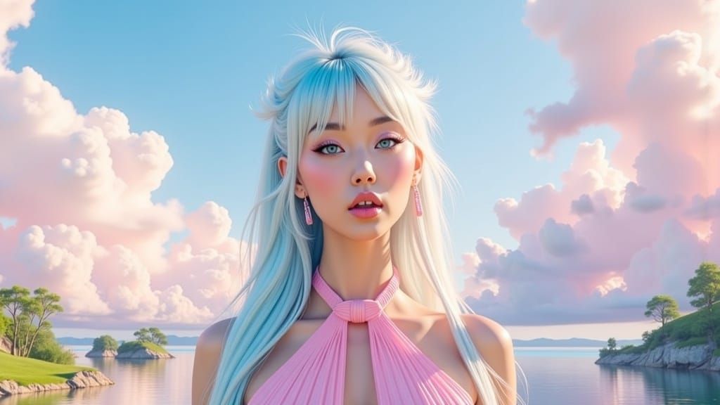 Pastel Woman in Dreamy 3D Landscape