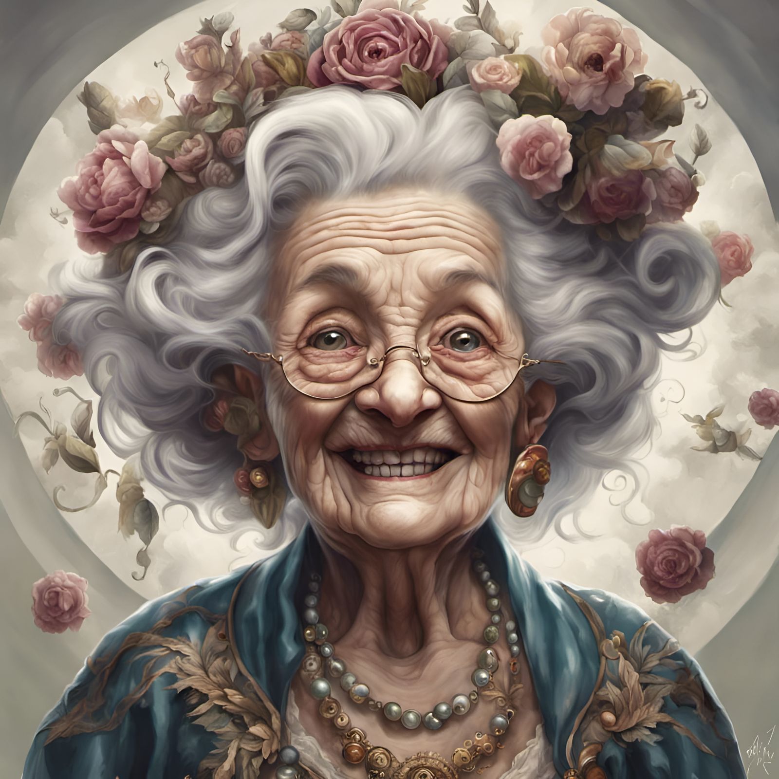 Joyful Old Grandma in Baroque Maximalist Style