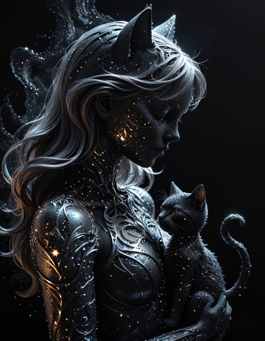 Moonlit Cat Goddess and Maiden Silhouette in Sea Fantasy