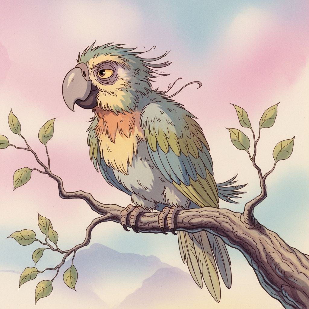 Mischievous Old Parrot in 80s Fantasy Anime Style