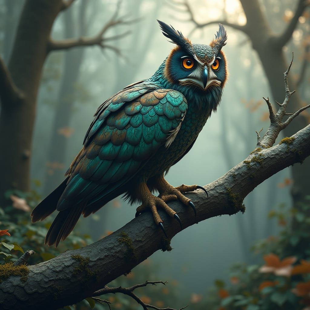 Realistic Hybrid Owl-Rhino Perched on Ancient Forest Tree