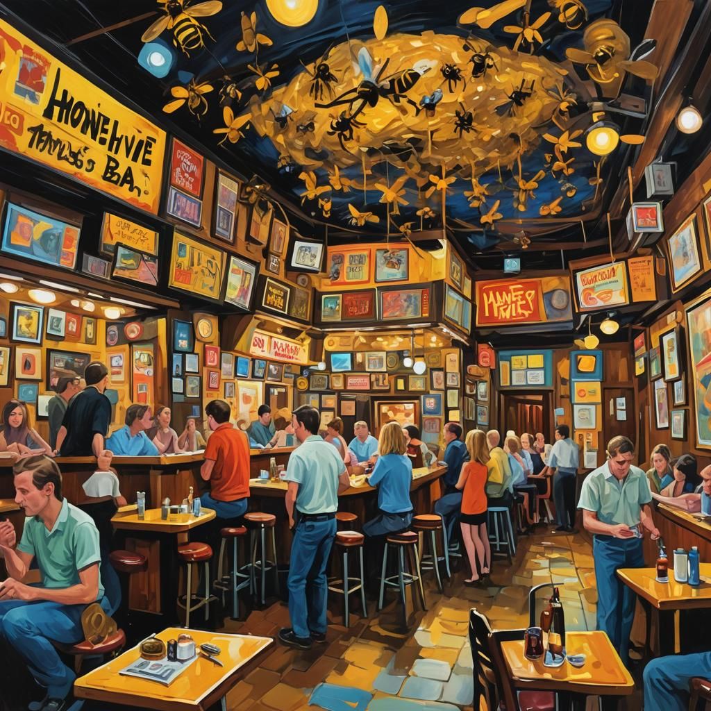 Honey Bee Dive Bar in Gouache Painting Style