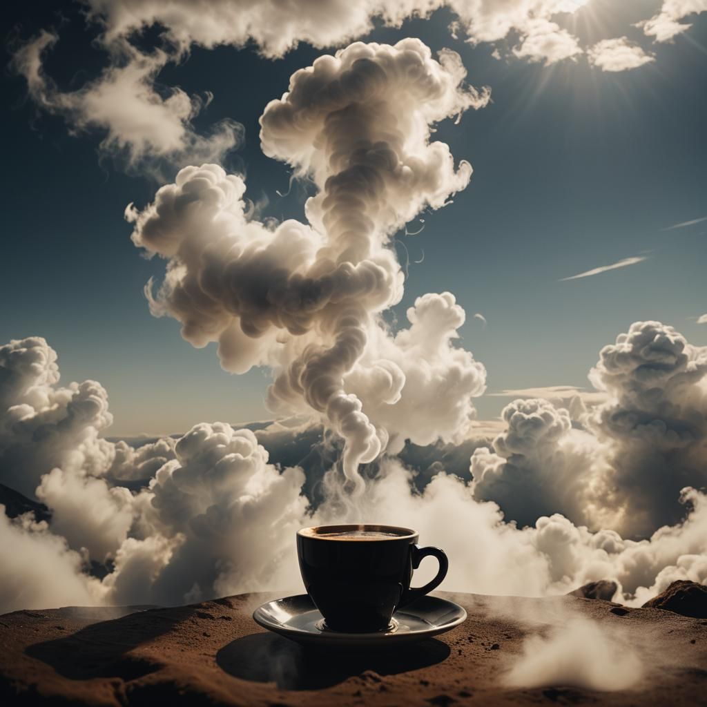 Ethereal Figures Rise from Coffee Cup: Cinematic Still