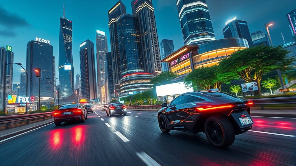 Futuristic Cityscape with Autonomous Luxury Cars and AI-Desi...