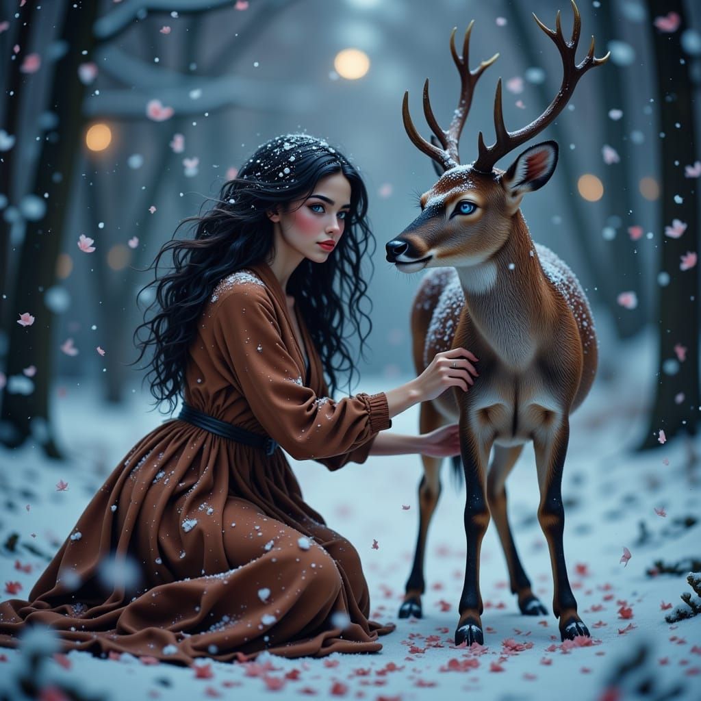 Hyper-Realistic Portrait of a Gentle Woman and a Wounded Dee...