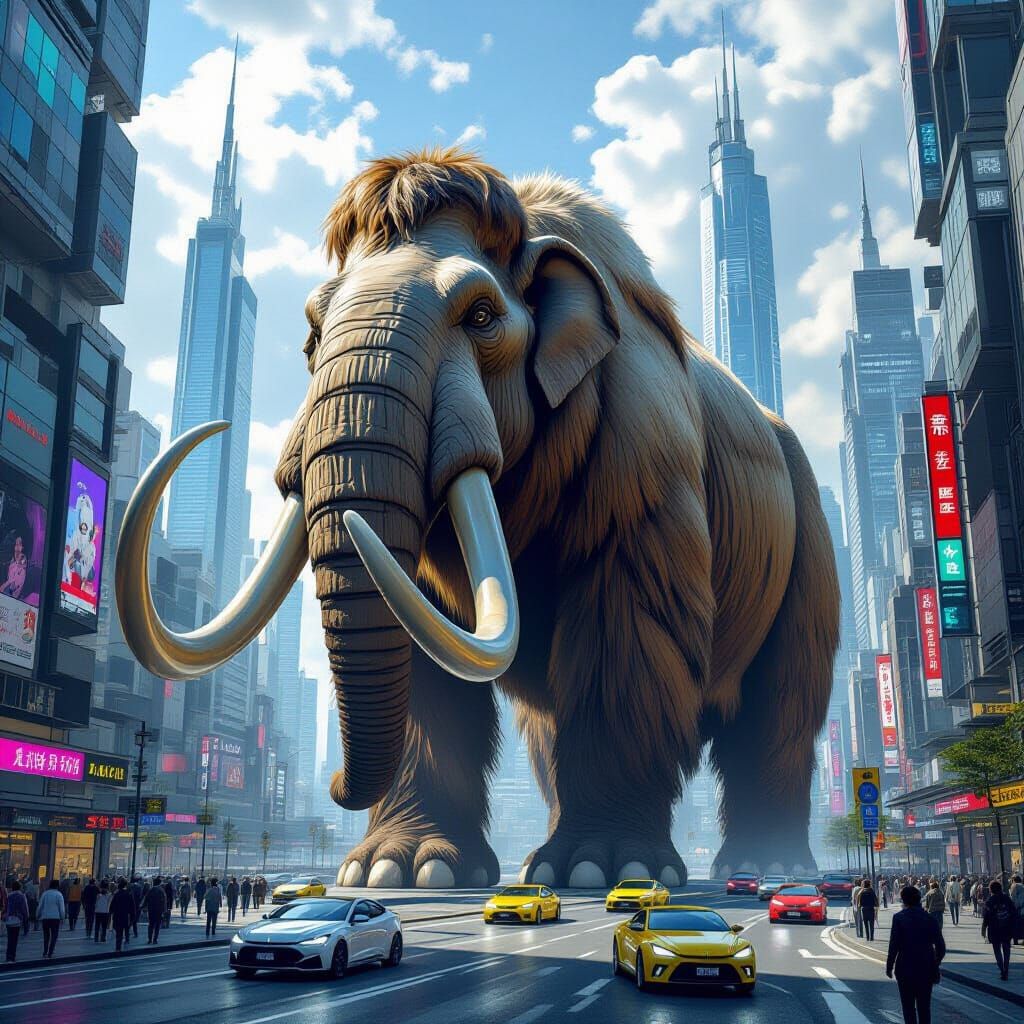 Mammoths Roam Futuristic Cityscape