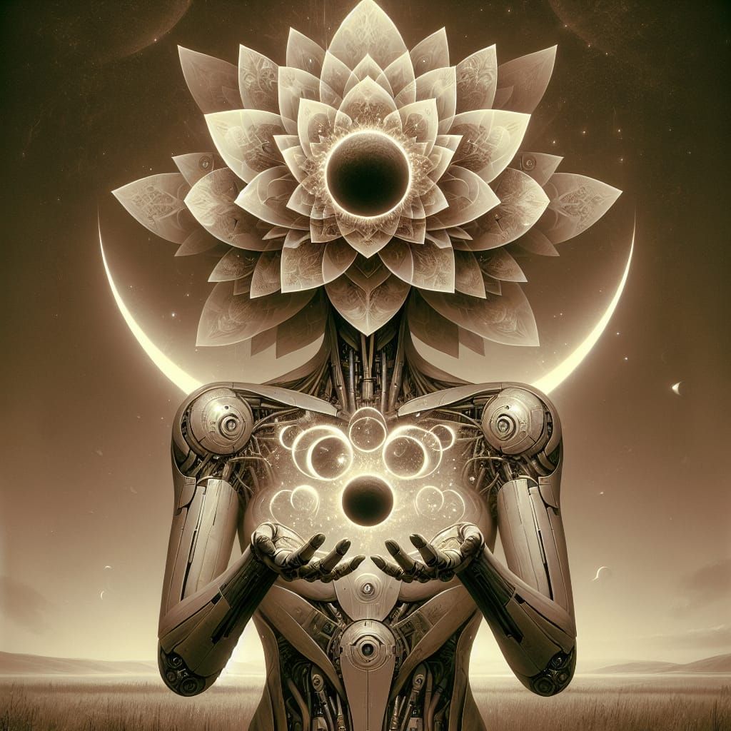 Retrofuturistic Robot Rose in Surrealist Landscape