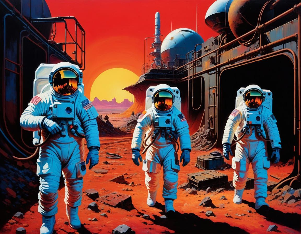 Astronauts in Turbulent Martian Outpost Scene