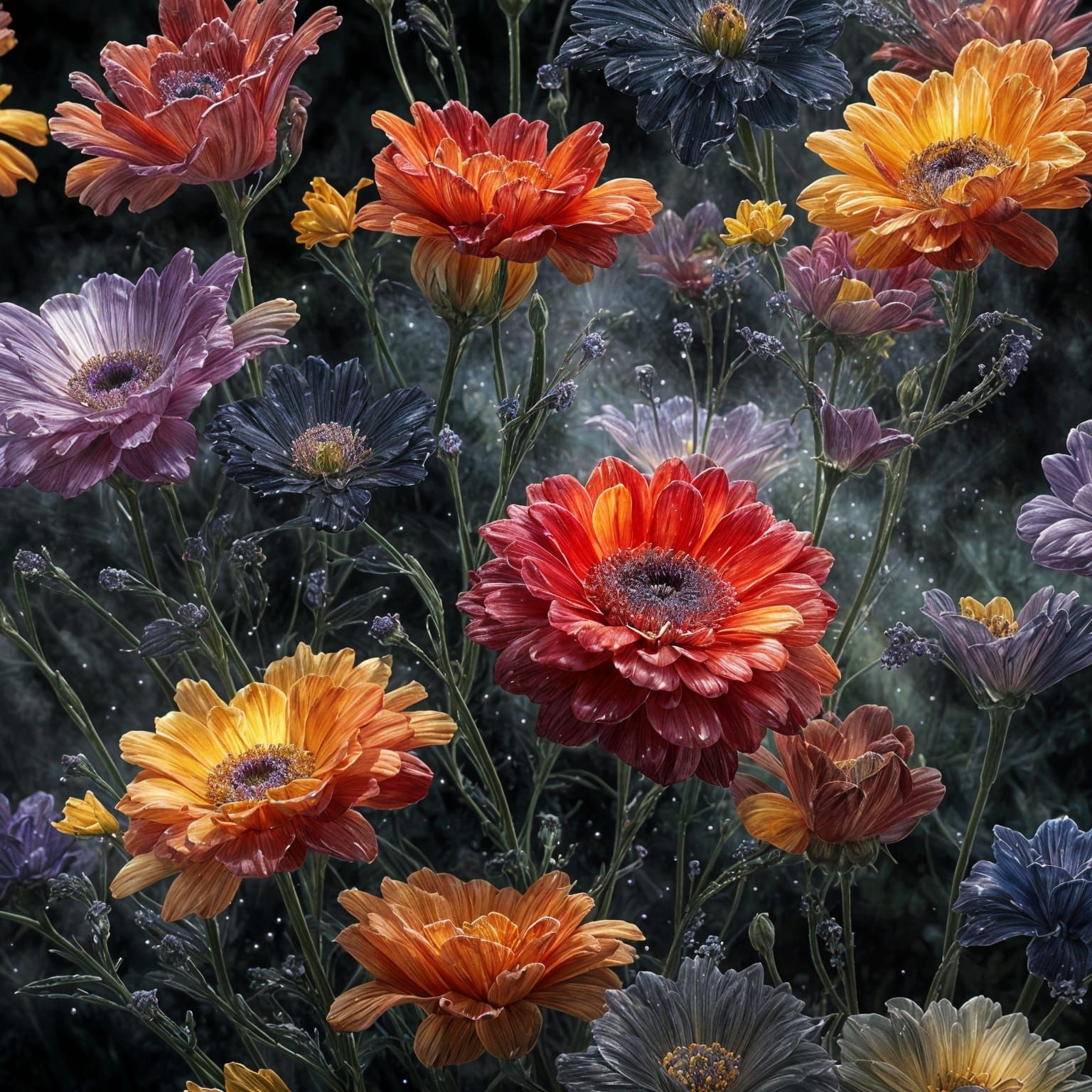 Blown Glass Flowers with Glowing Mist: Digital Painting
