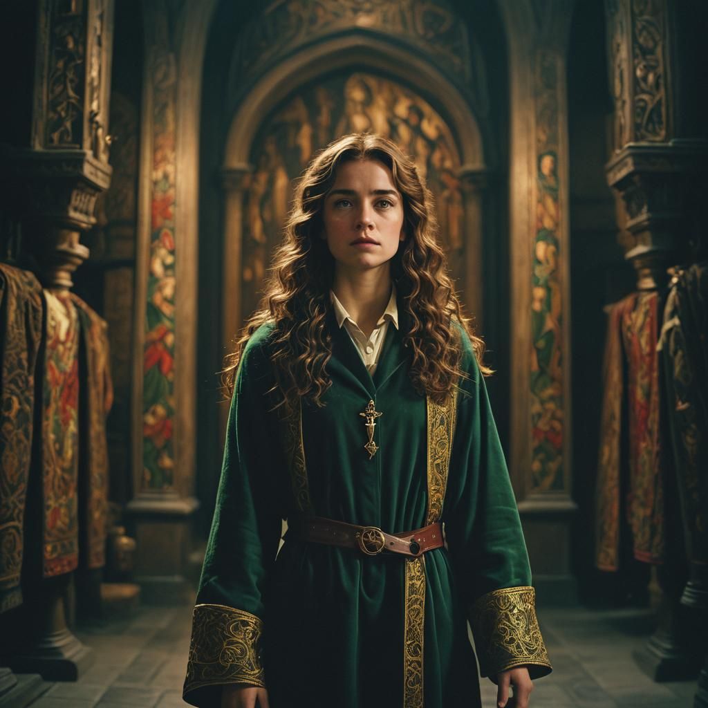 Young Witch in Hogwarts Corridor, Cinematic Style