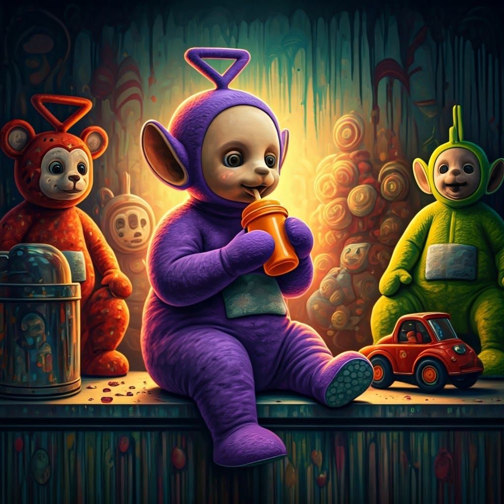 Vibrant Teletubby Wonderland Scene in Graffiti Hyperrealism