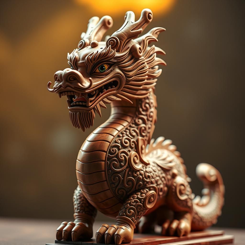 Ornate Hand-Carved Wooden Chinese Dragon Statue