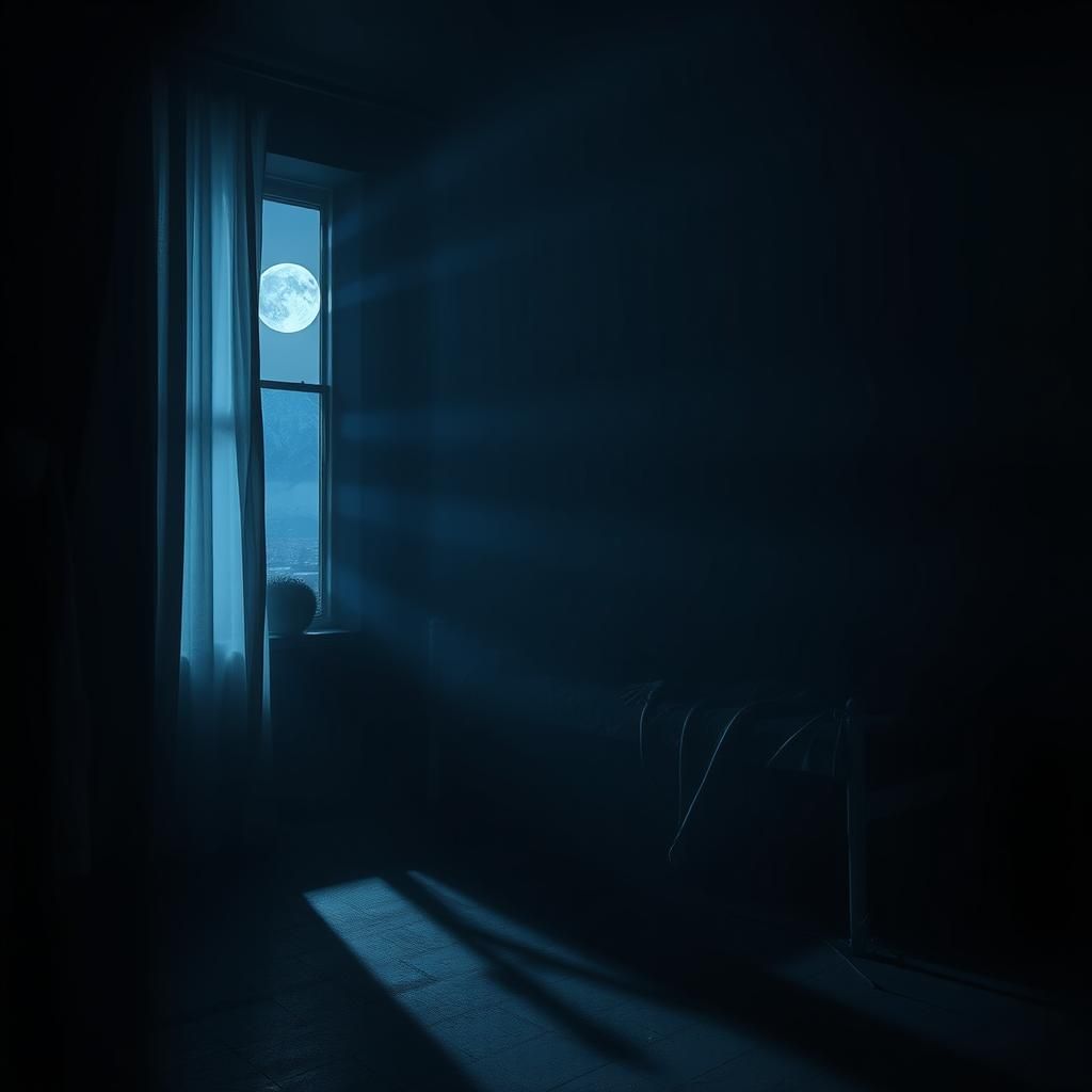 A dimly lit bedroom at night, with moonlight