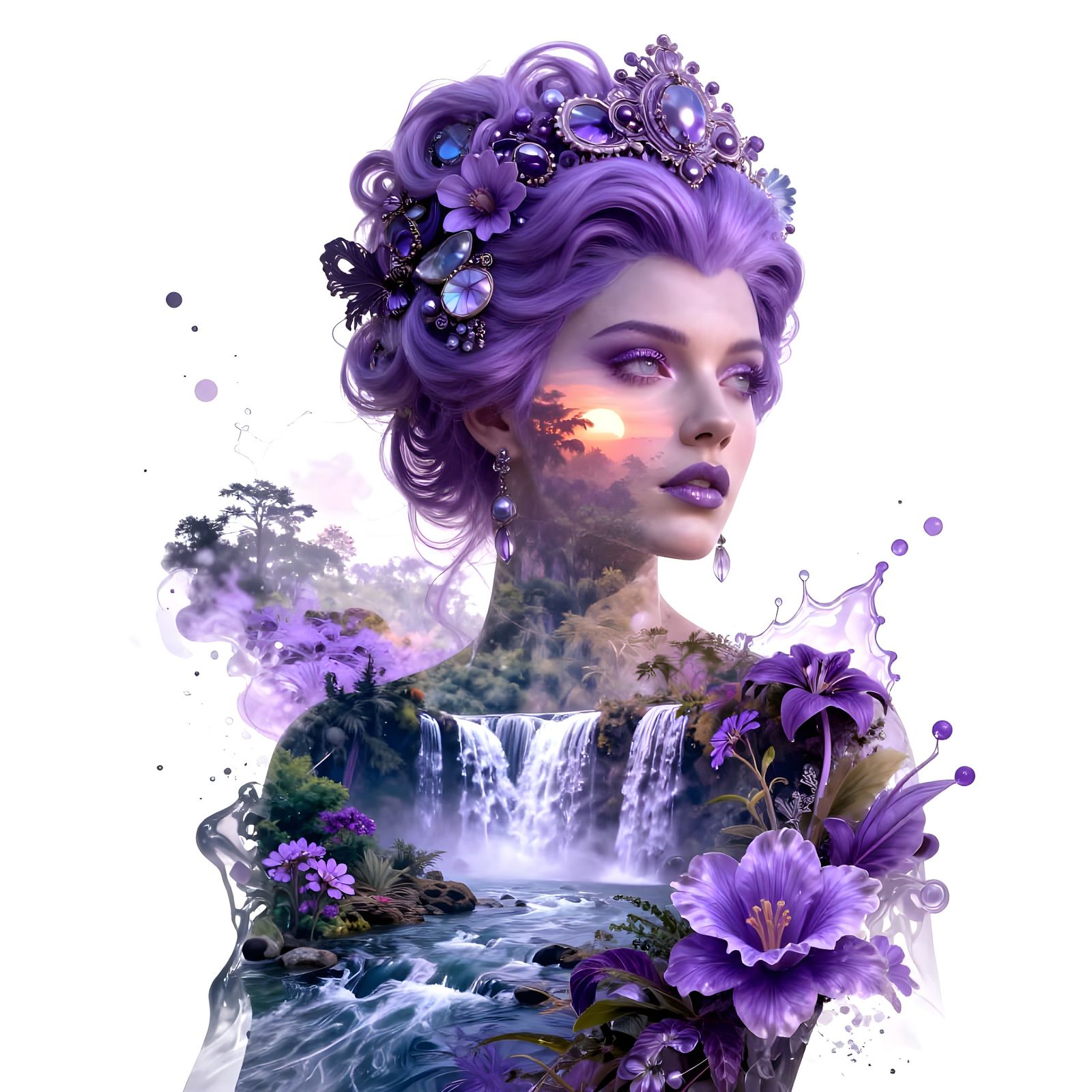 Ethereal Baroque Woman with Violet Waterfalls and Sunrise