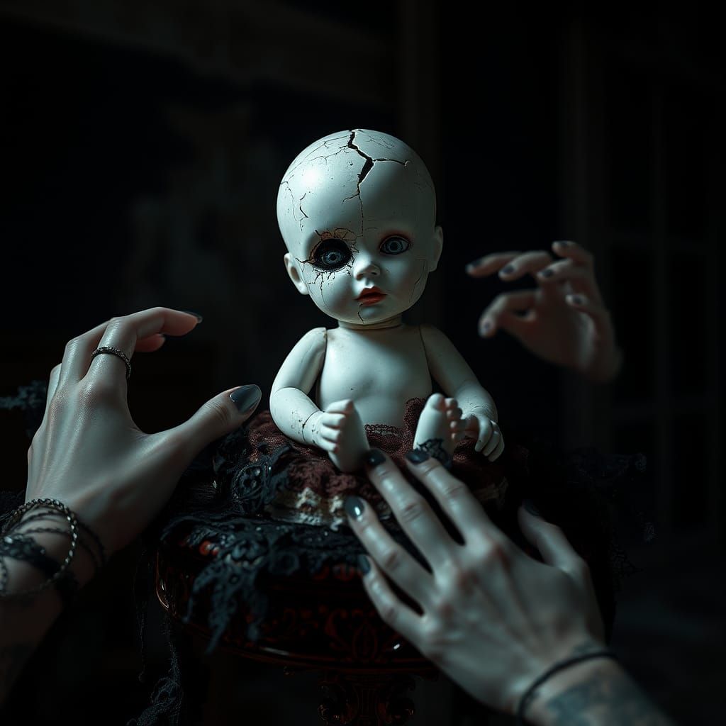 Eerie Porcelain Doll with Ghostly Hands, in Anime Style