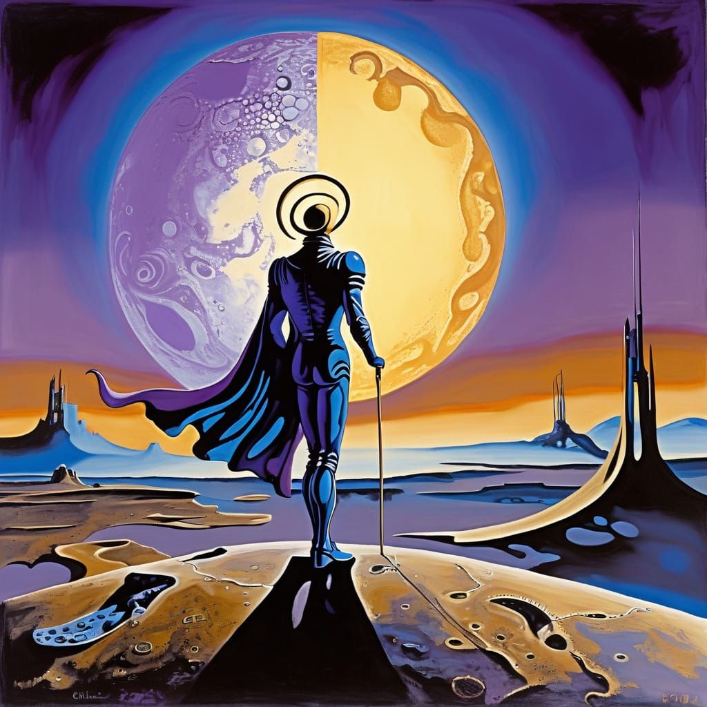 Clockwork Superhero Silhouetted on Moon in Surrealist Style