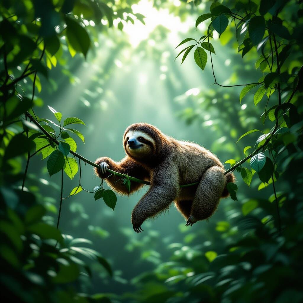 Sloth in Misty Rainforest with Sunbeams