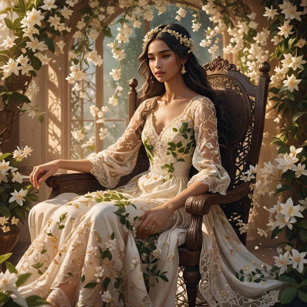 Jasmine Flower Girl in Dreamy Art Nouveau Style