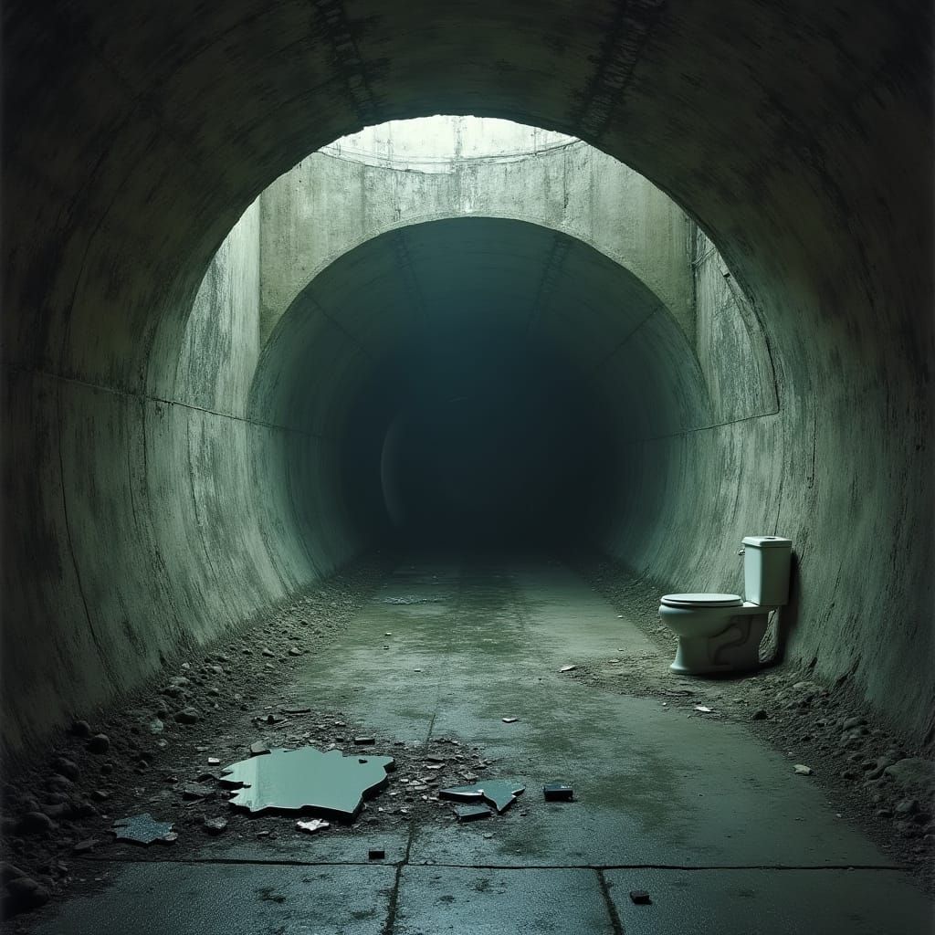 Dystopian Sewer Tunnel with Broken Toilet