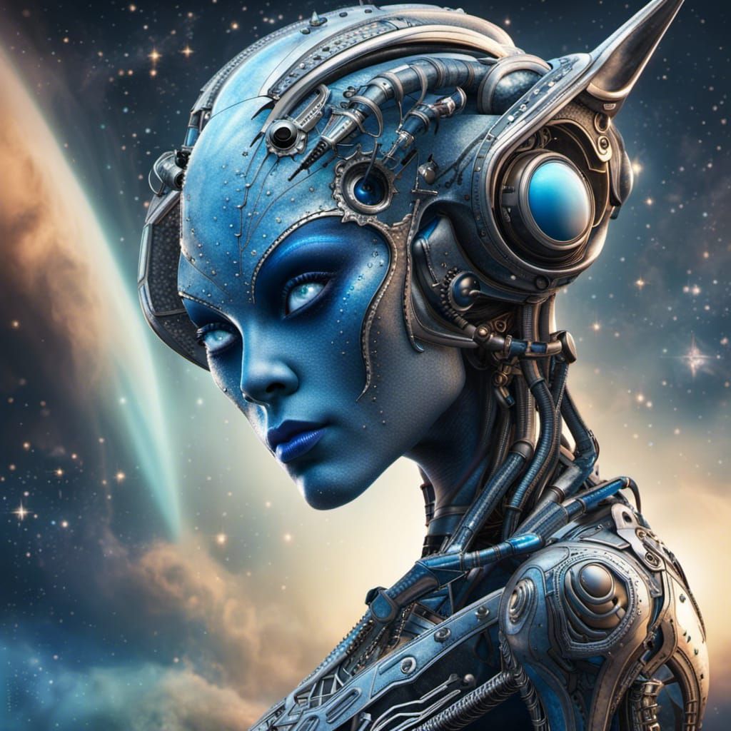 Photorealistic Blue Alien in a Nebula Landscape