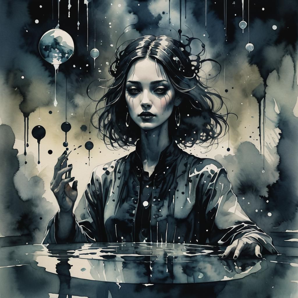 Surreal Oracle in Dark Moody Watercolor Art