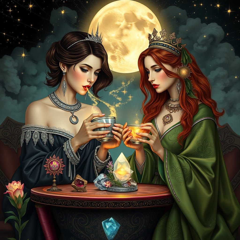 Two Tarot Goddesses Sipping Potion Under the Night Sky