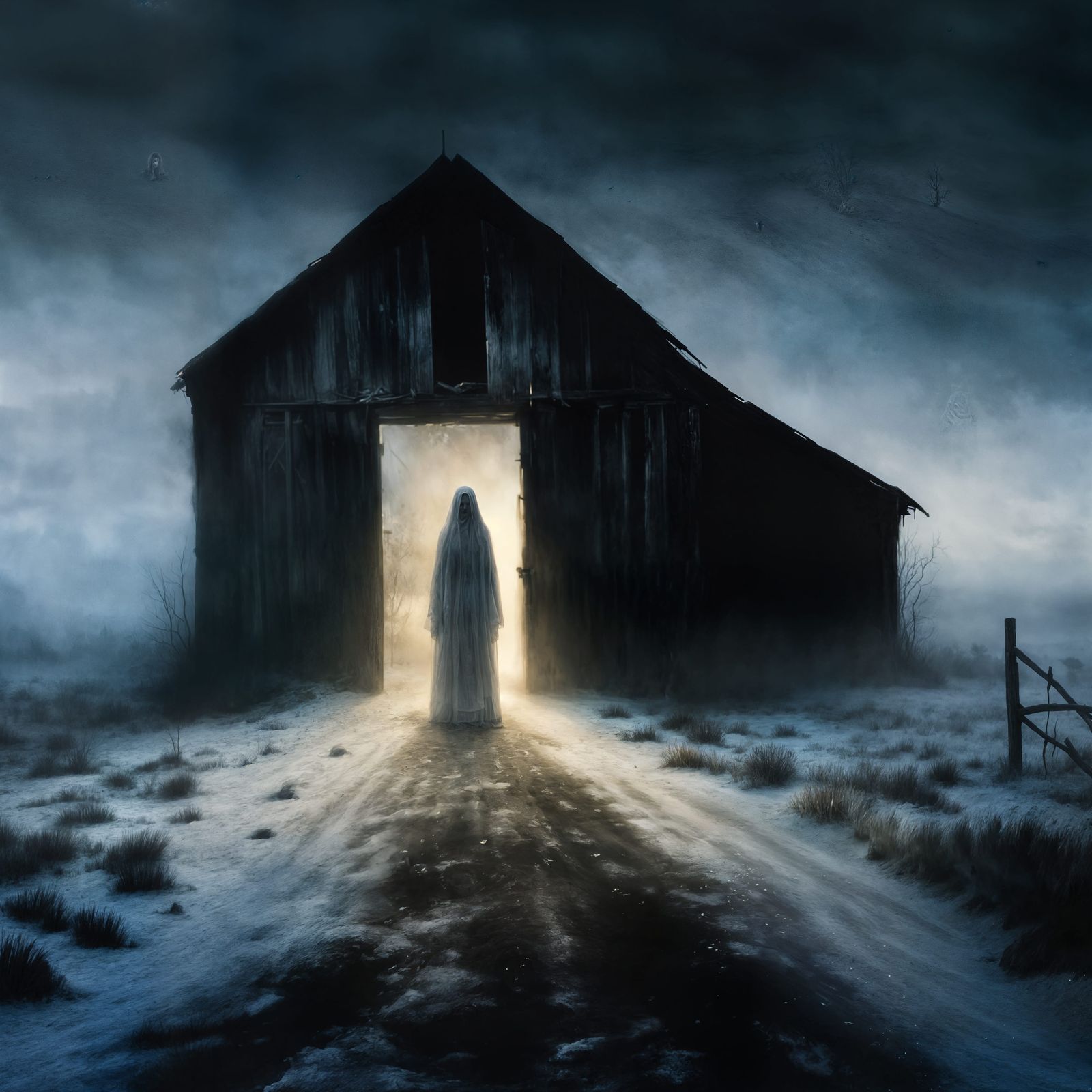 Ethereal Grey Lady Exits Desolate Moor on Foggy Night