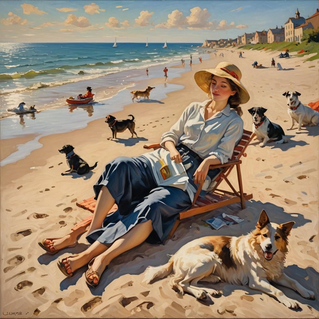 Woman and Dogs on Beach as Impressionist Oil Painting