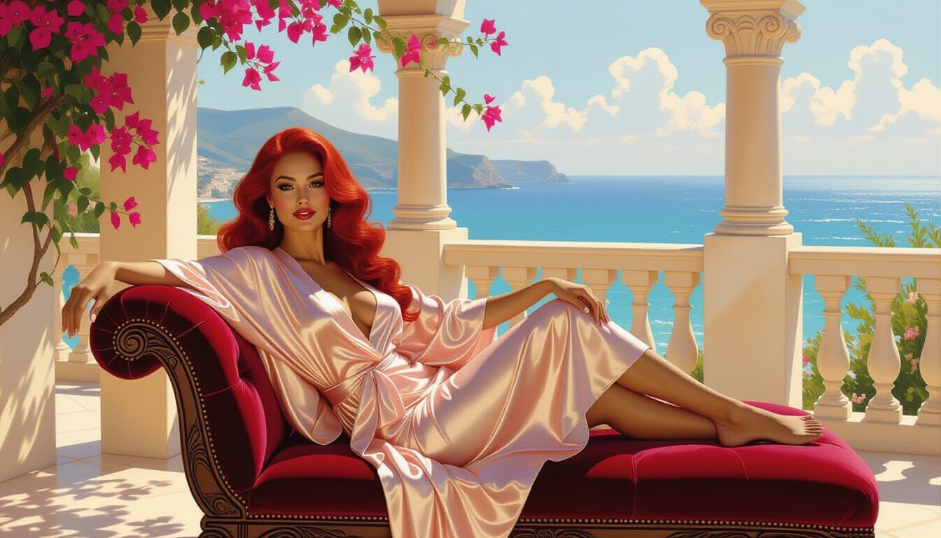 Elegant Woman Lounging in Mediterranean Villa, Impressionist...